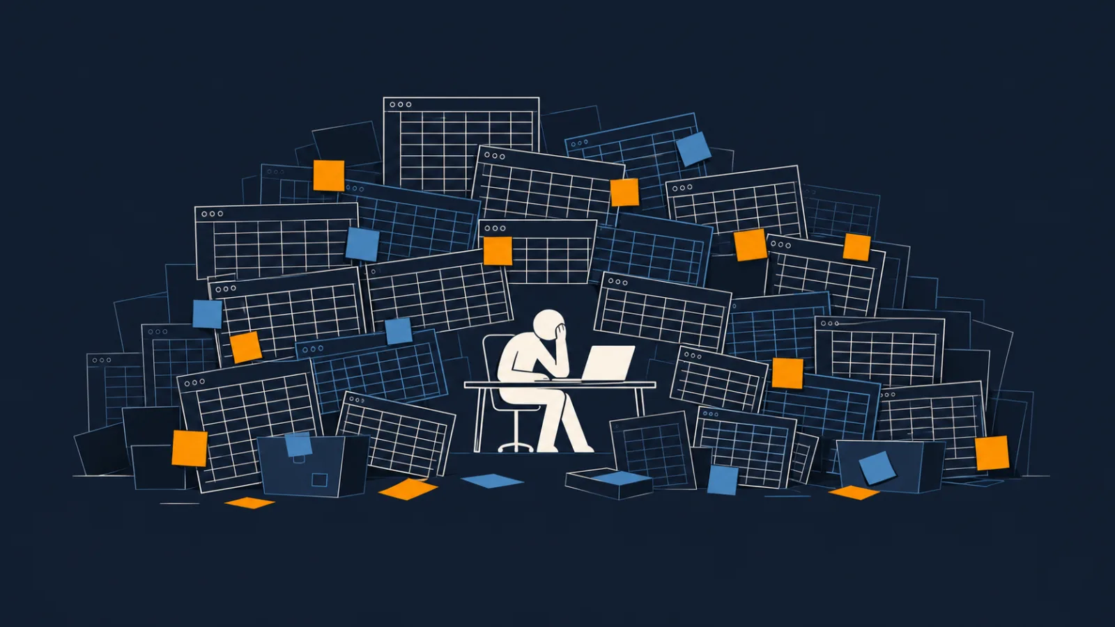 Ilustracija: čovek za stolom zatrpan gomilom Excel tabela